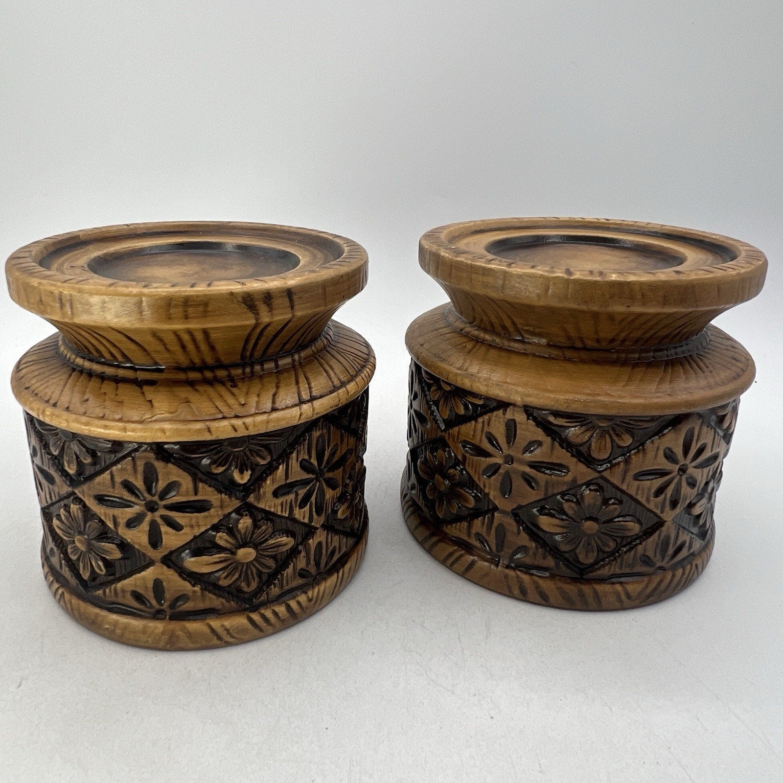 2 Vtg Mid Century MCM Ceramic Faux Carved Wood Brown Candle Holders 1970s Boho