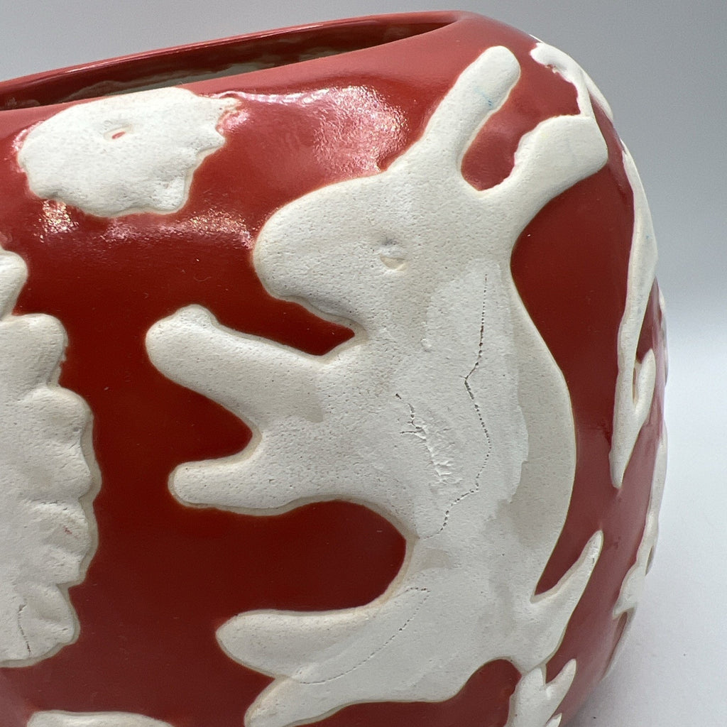 Anthropologie Concha Garden Planter Red Orange White Animals Boho Pottery 8"