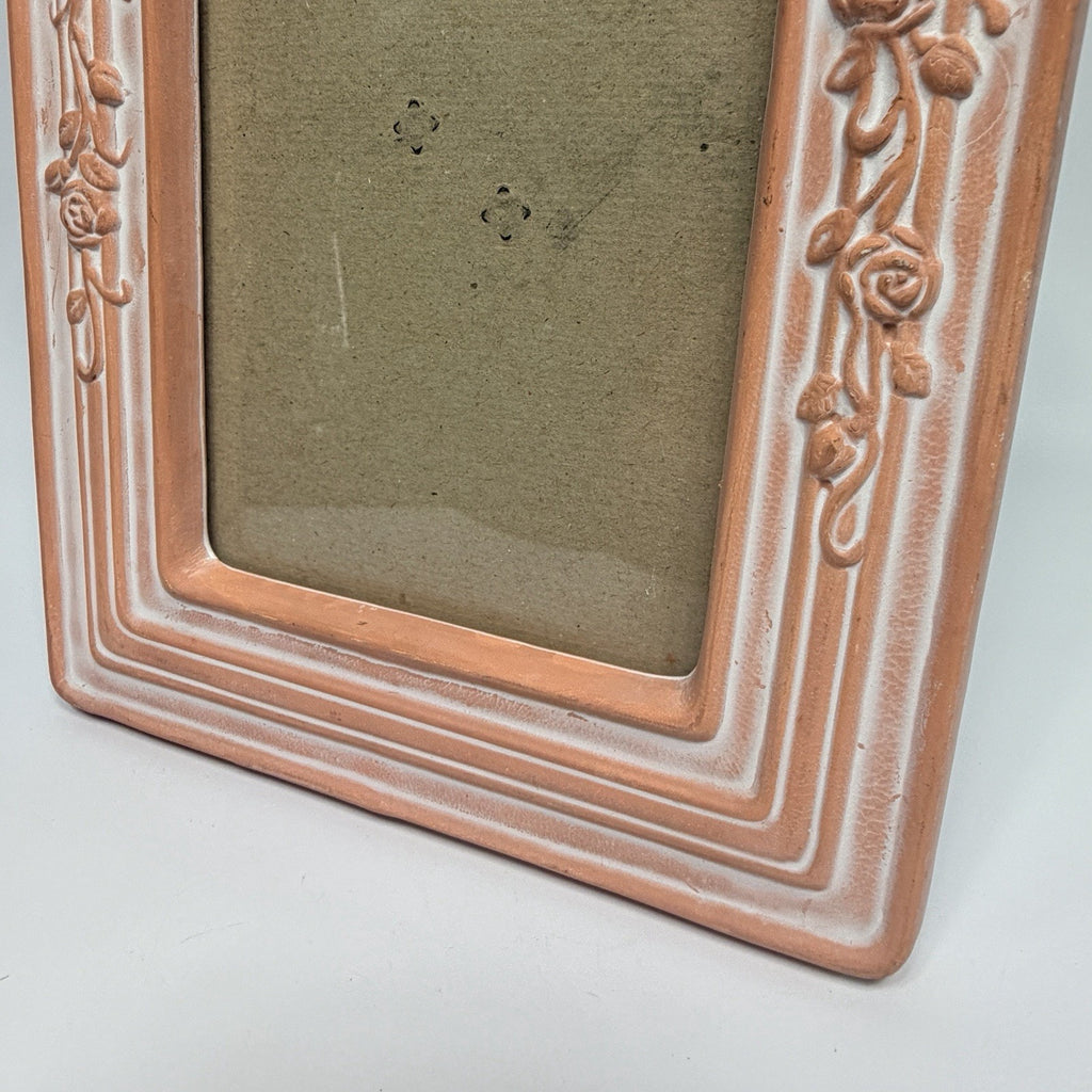 Vtg 1990s Whitewashed Terracotta Hear Rose Ceramic Picture Frame 4.25 x 6.25"
