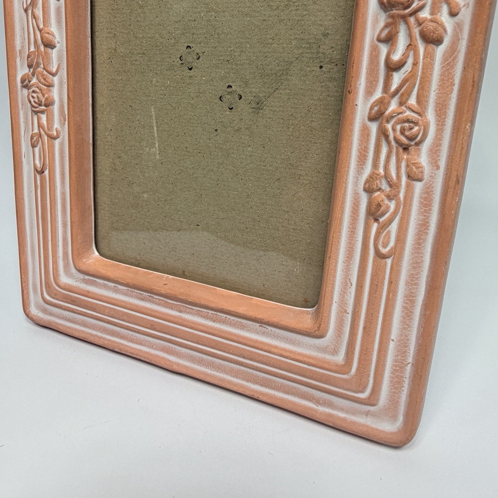 Vtg 1990s Whitewashed Terracotta Hear Rose Ceramic Picture Frame 4.25 x 6.25"