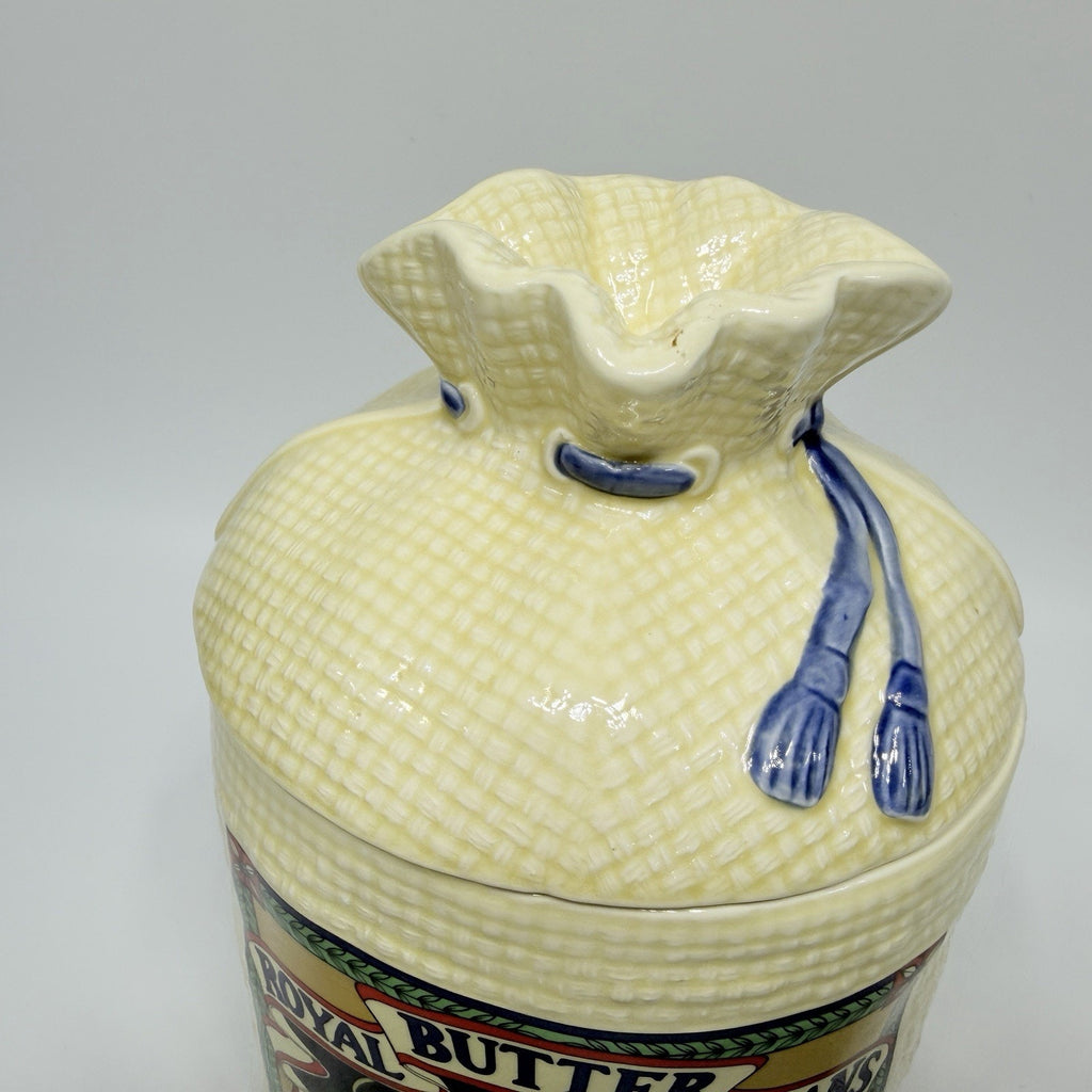 Vtg Large Hearth Burlap Sack Kitchen Canister Jar 1988 Royal Butter Beans 8.5"