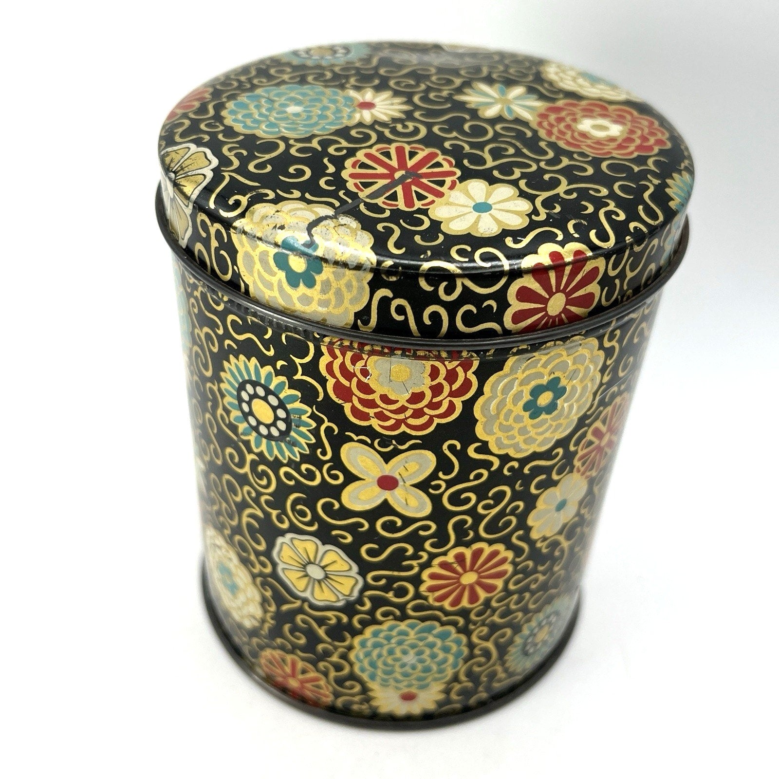 Vintage Butter Crunch Metal Tin Black Red Teal Gold Floral 5" Retro MCM