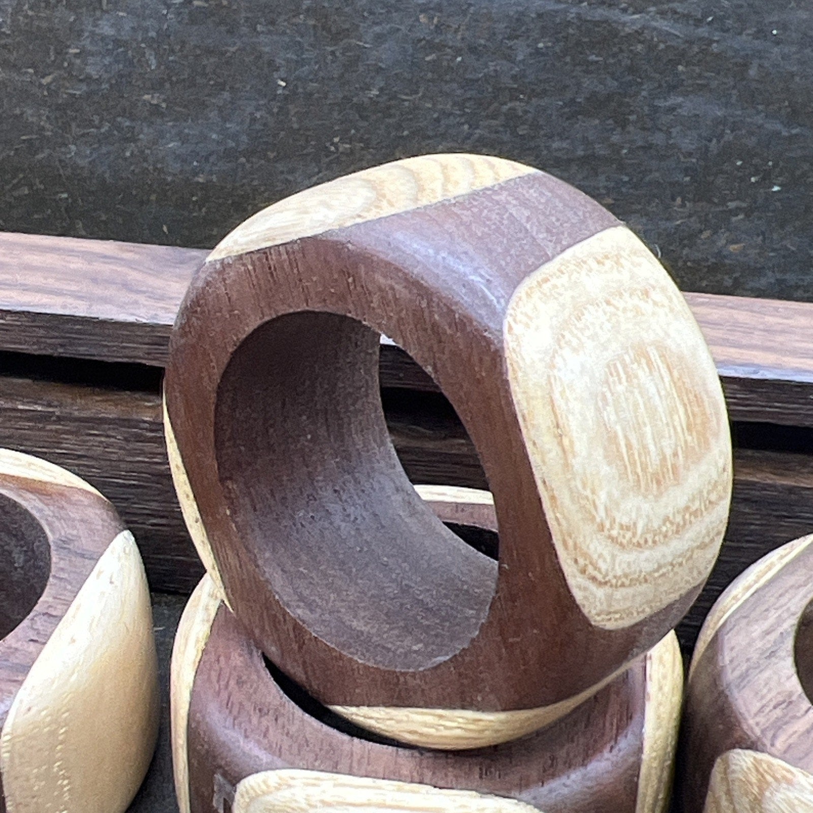Set 12 Lathe Turned Two Tone Wood Napkin Rings Teak Boho Natural Handmade w/ Box