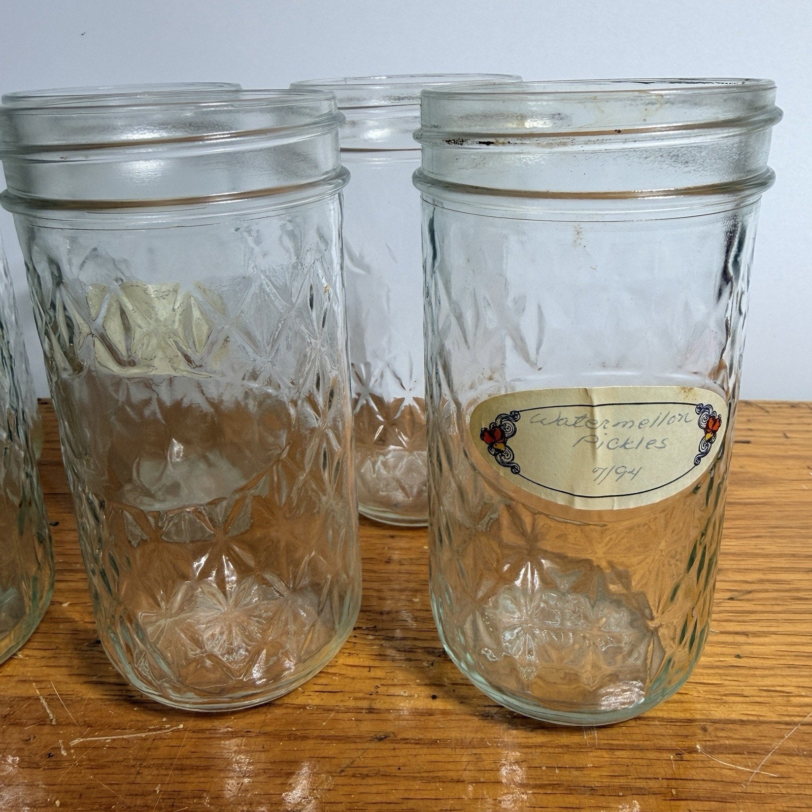 Lot 6 Quilted Crystal Tall Jelly Jars 12 oz Discontinued Rings NO LIDS
