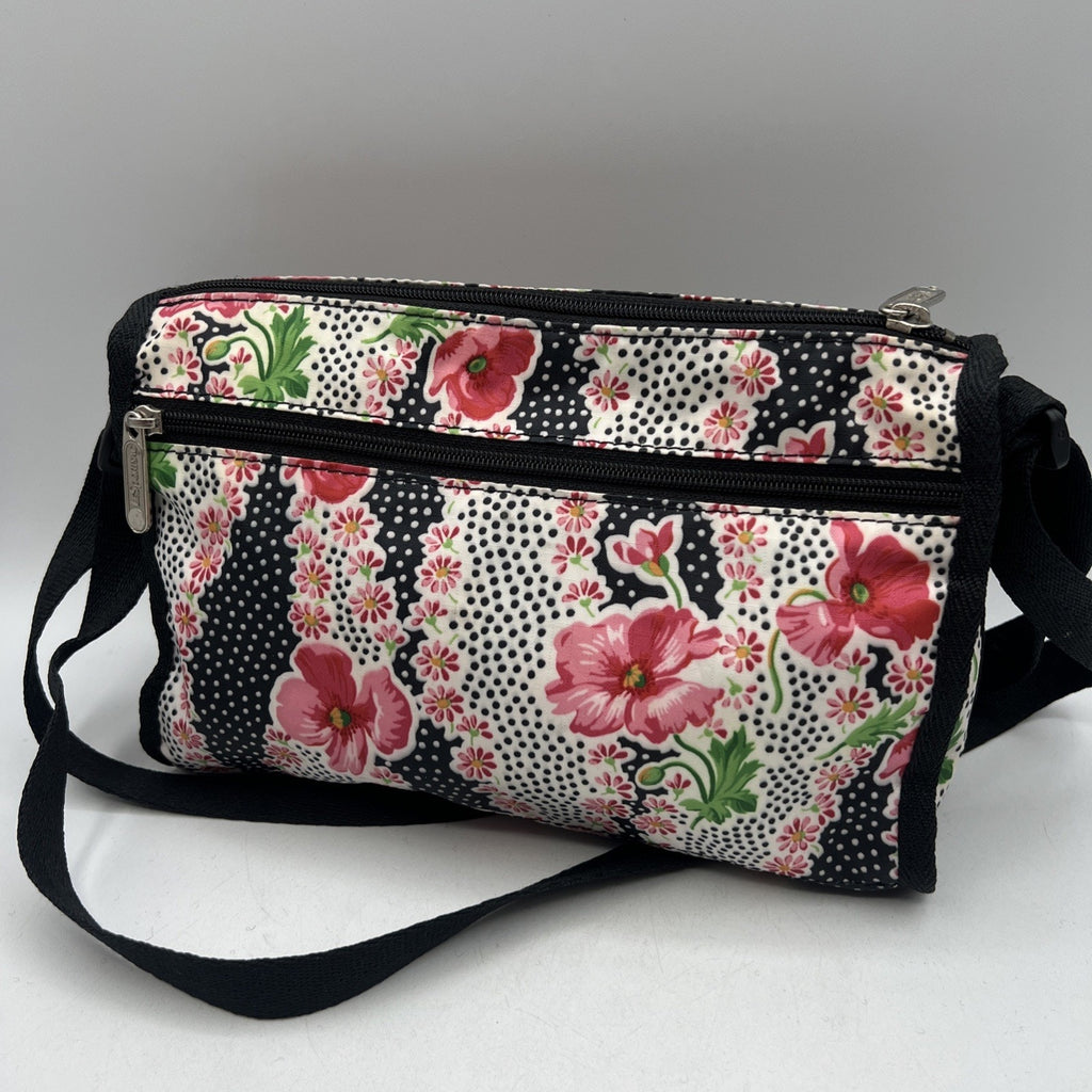 LeSportsac Pink Black Flowers Polka Dot Crossbody Purse 8.5" Nylon Travel USA
