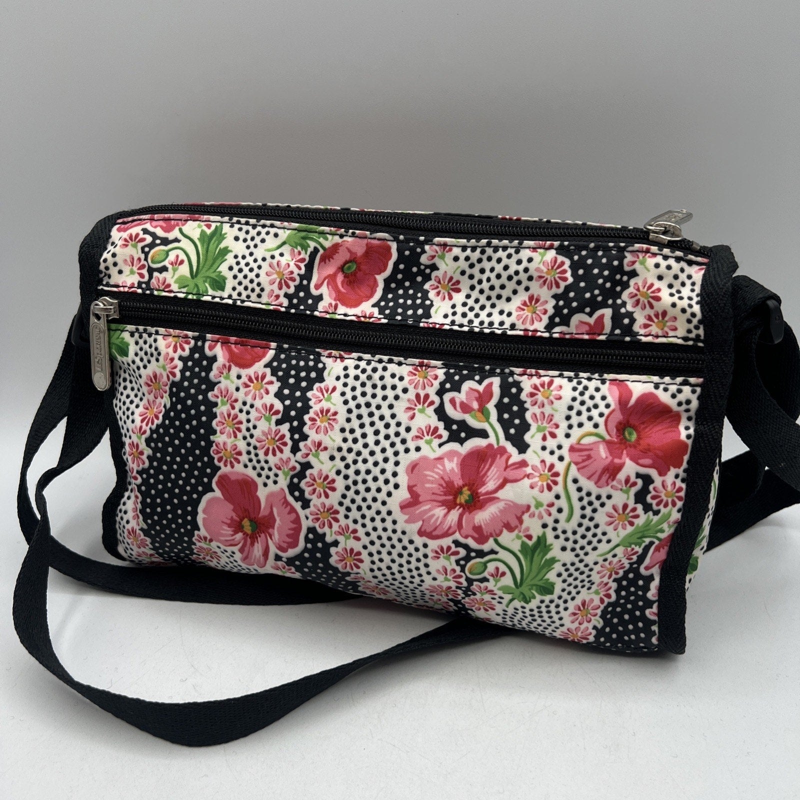 LeSportsac Pink Black Flowers Polka Dot Crossbody Purse 8.5" Nylon Travel USA