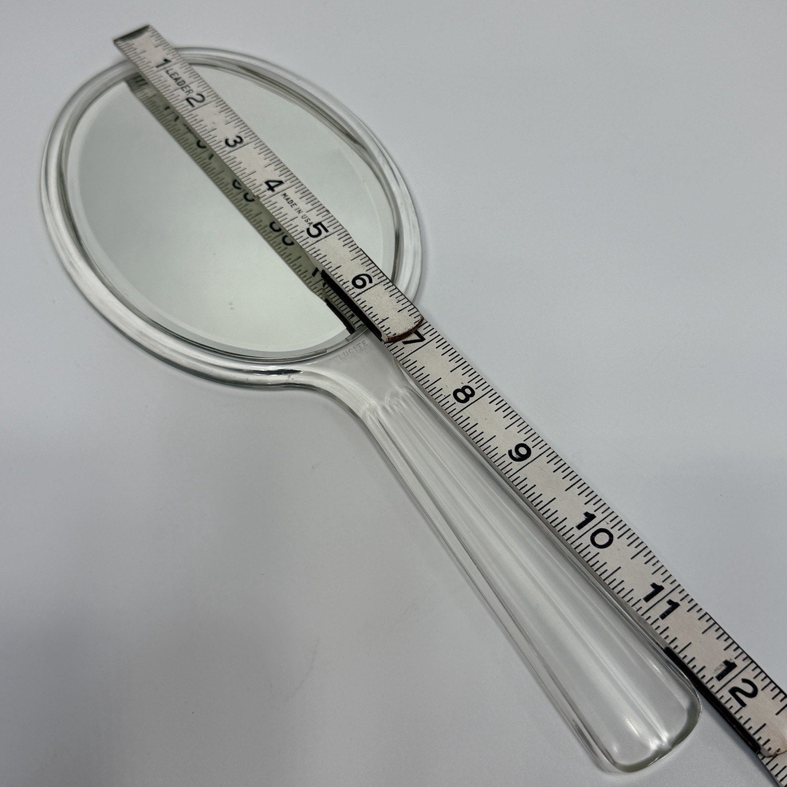 Vintage Clear Lucite Oval Hand Mirror Double Beveled Glass Marked 12" MCM Vanity