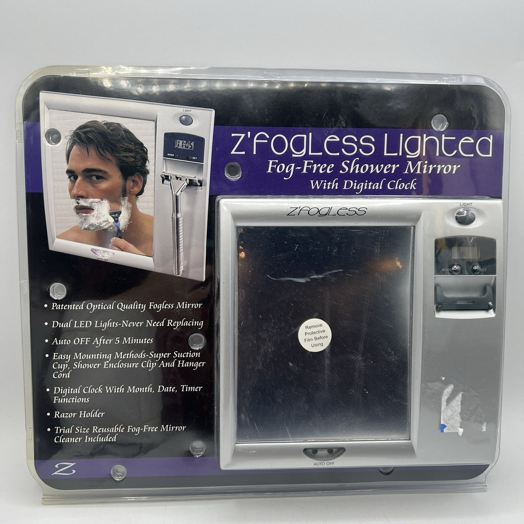NEW Z’Fogless Fog Free Shower Mirror Lighted Clock Razor Holder Silver Gray 8x8
