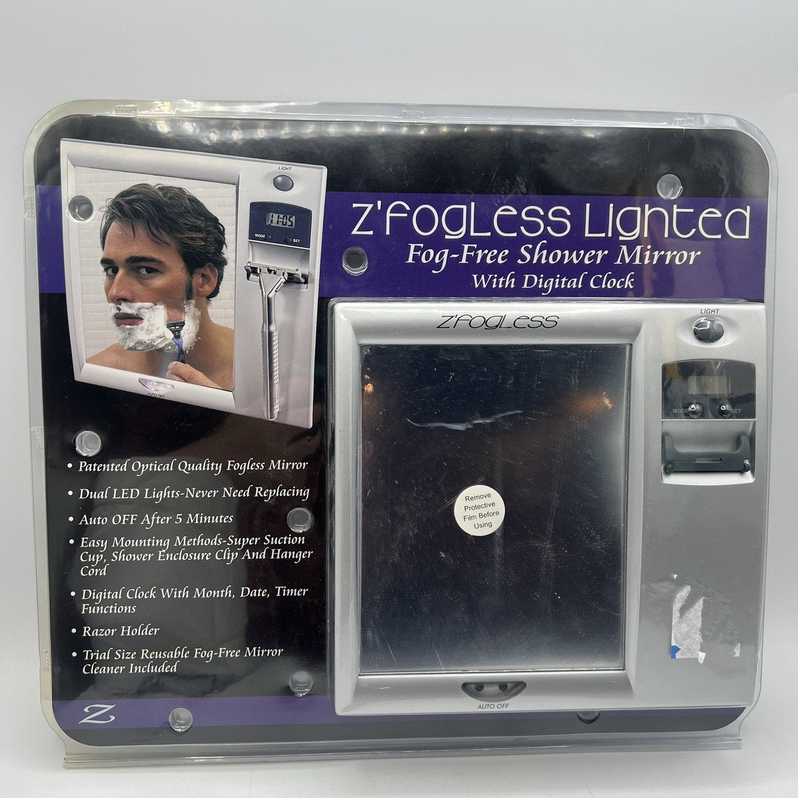 NEW Z’Fogless Fog Free Shower Mirror Lighted Clock Razor Holder Silver Gray 8x8