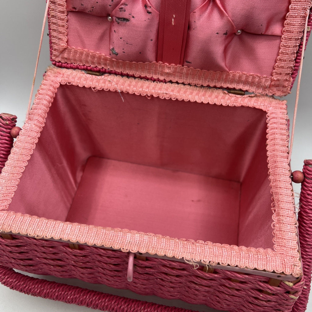 Vintage Pink Wicker Paisley Sewing Basket Japan Handle 7x10" Retro