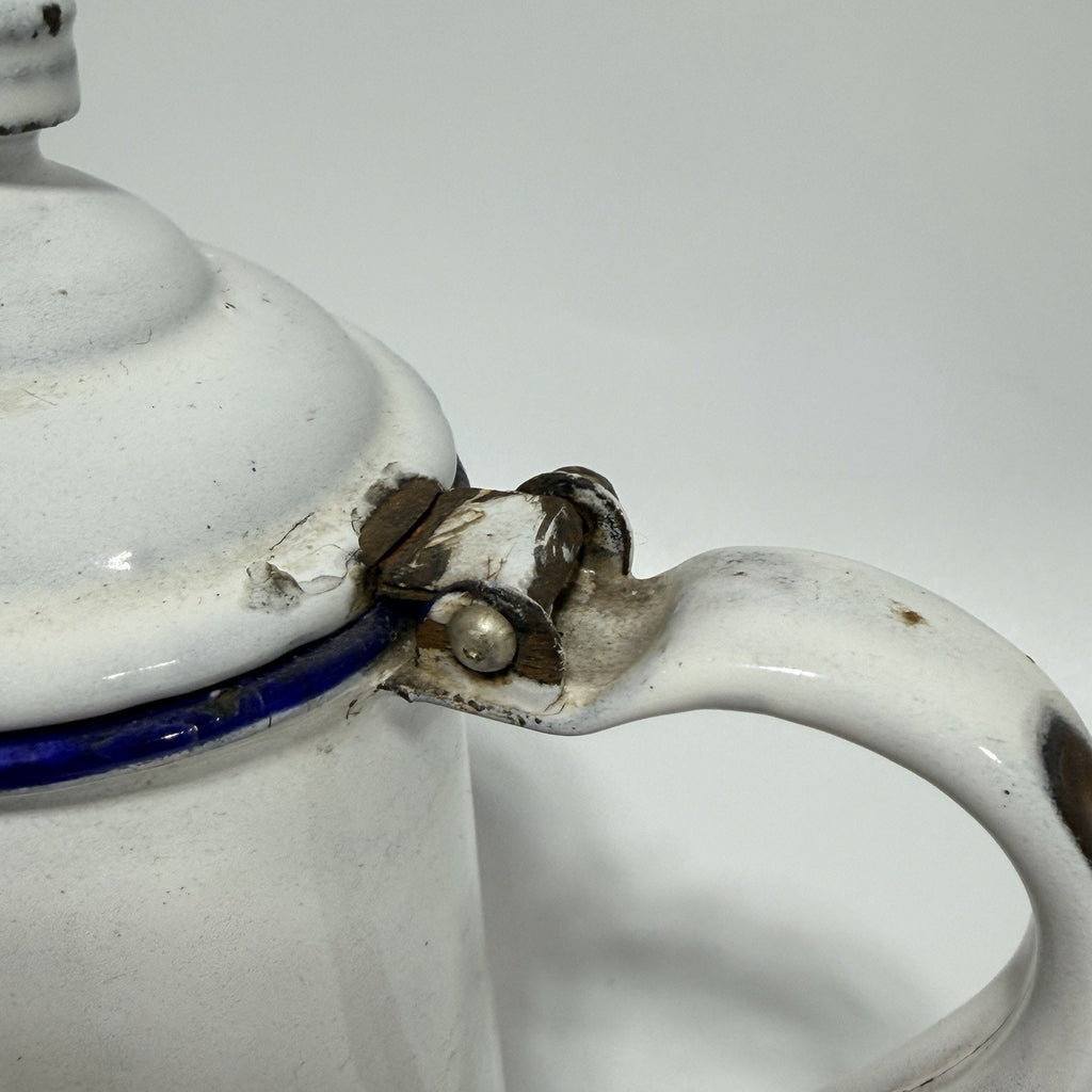 Vtg Small Enamel L&G White Blue Trim Hinged Lid 3 Cup Coffee Pot 6.5" AS IS