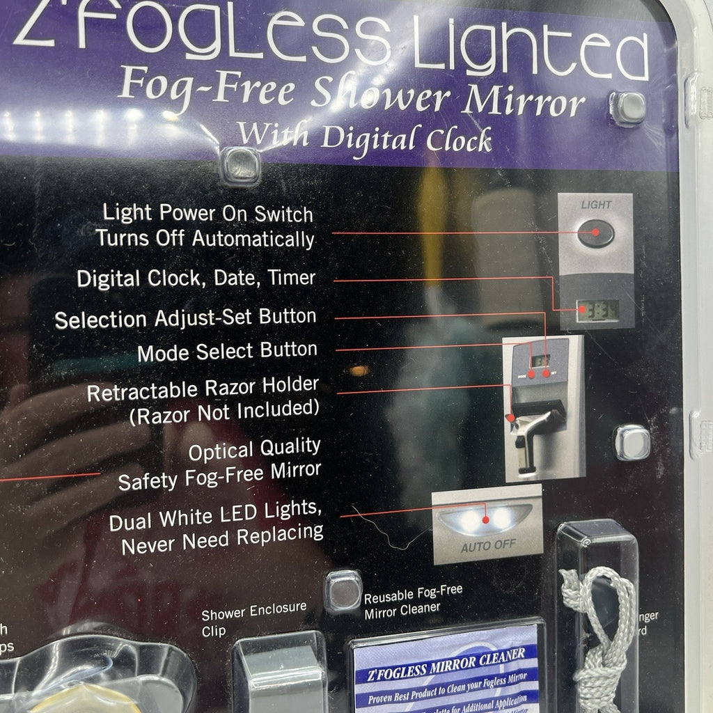 NEW Z’Fogless Fog Free Shower Mirror Lighted Clock Razor Holder Silver Gray 8x8