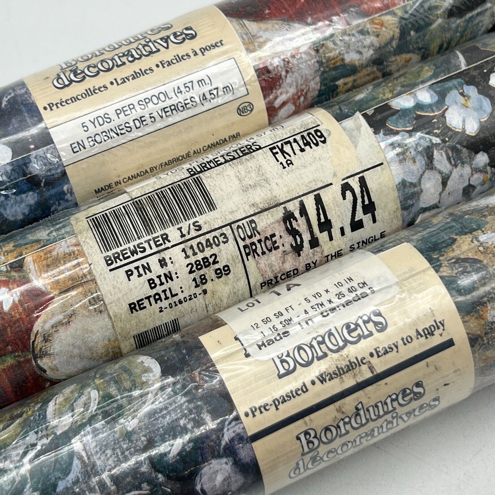 4 Roll Brewster Victorian Fruit Basket Wallpaper Border Black Red Pre-Pasted