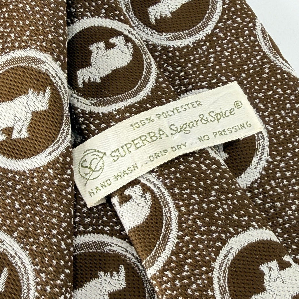 Vintage 70s Brown White Rhino Rhinoceros Next Tie Classic Formal Superba 4.25"