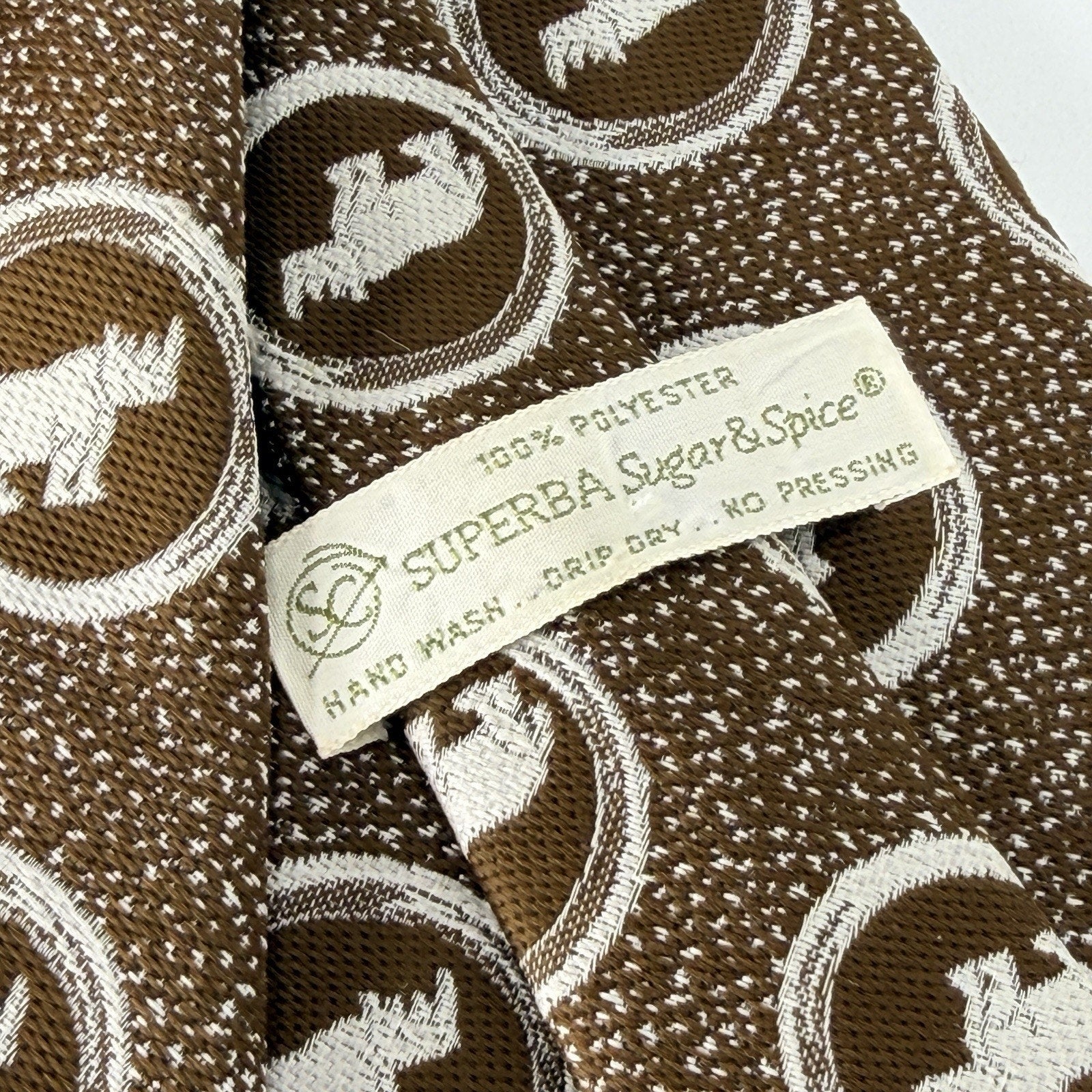 Vintage 70s Brown White Rhino Rhinoceros Next Tie Classic Formal Superba 4.25"
