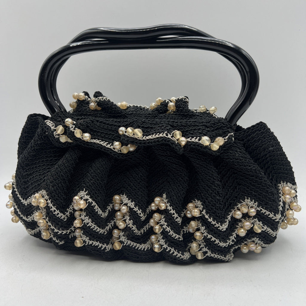 Vintage Hand Crocheted Beaded Purse 9" Lucite Handle Black Silver Hard Bottom