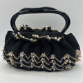Vintage Hand Crocheted Beaded Purse 9" Lucite Handle Black Silver Hard Bottom