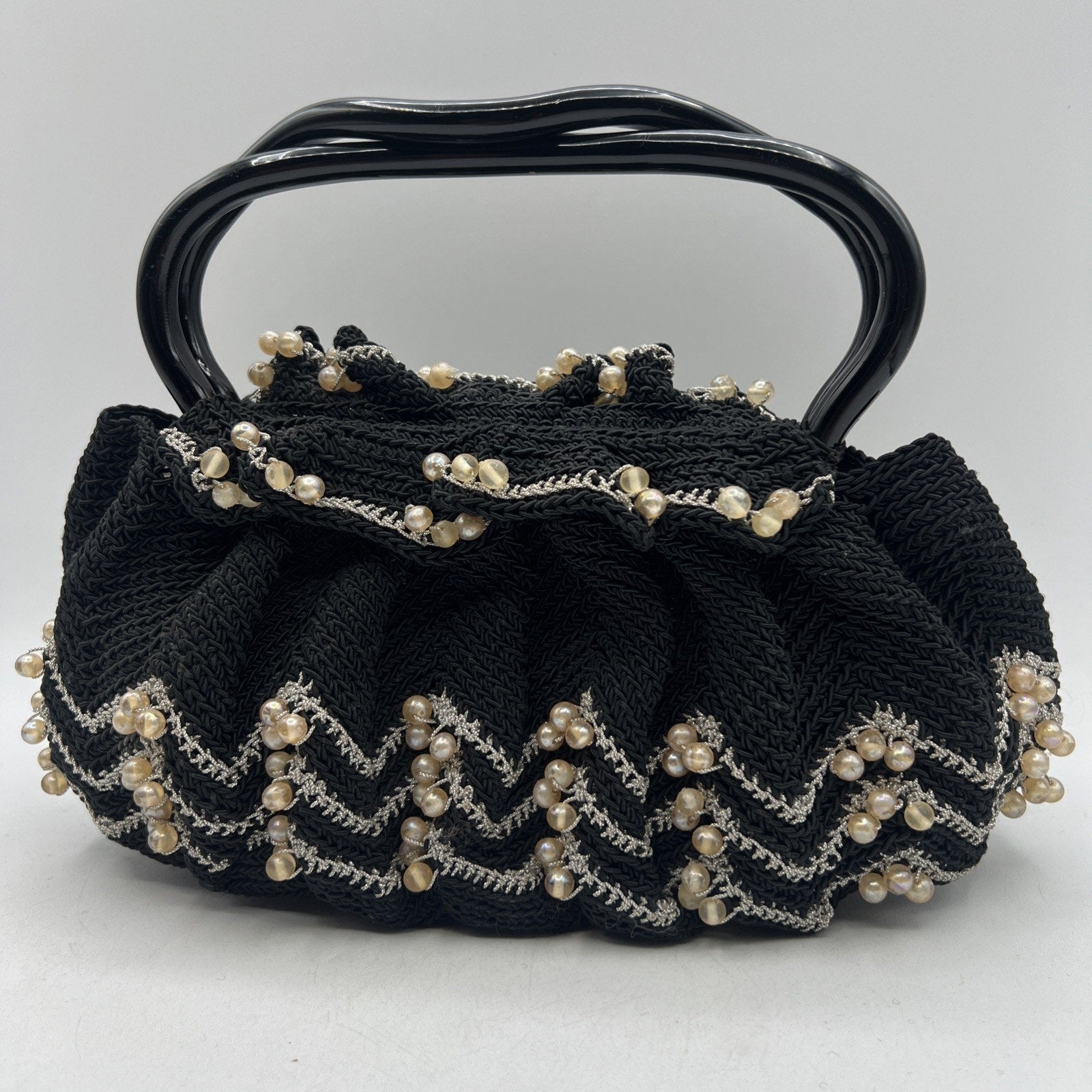 Vintage Hand Crocheted Beaded Purse 9" Lucite Handle Black Silver Hard Bottom