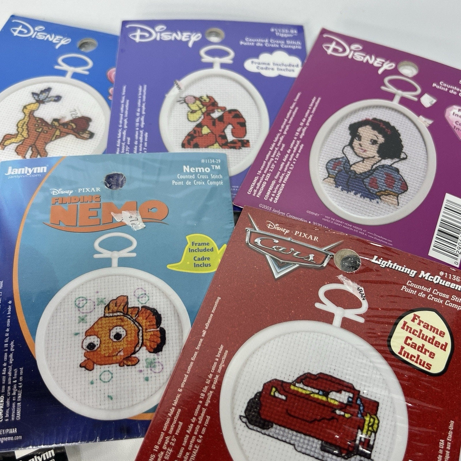 Lot 7 Janlyn Disney Mini Cross Stitch Ornament Kits Frames Nemo McQueen Cruella