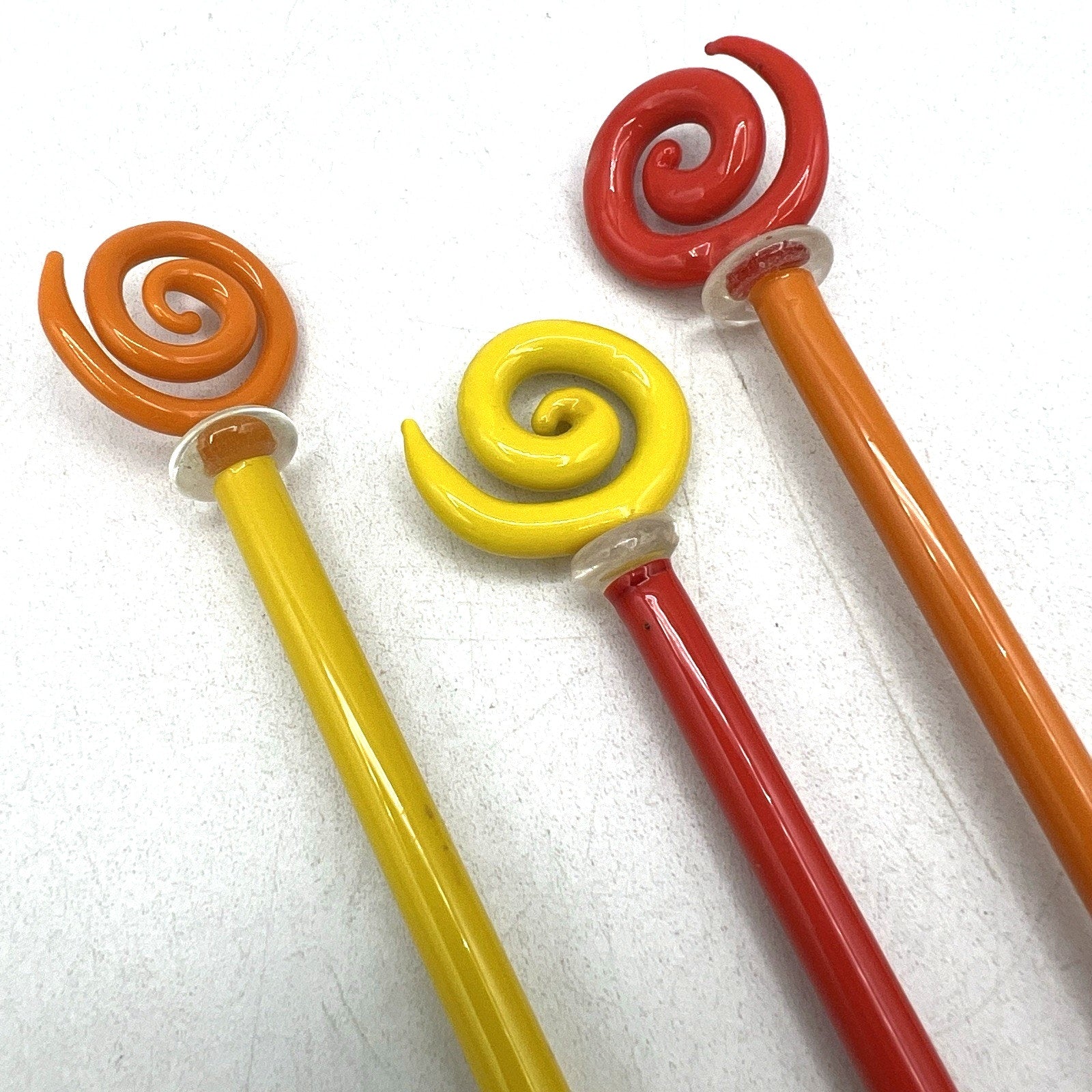 Set 3 Vtg Opaque Art Glass Cocktail Stirrers Swizzle Sticks Yellow Orange Red