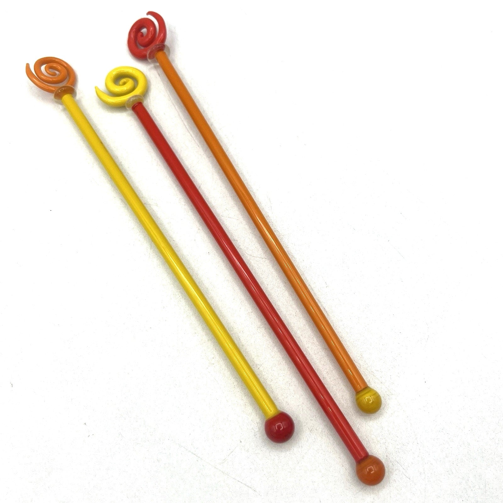 Set 3 Vtg Opaque Art Glass Cocktail Stirrers Swizzle Sticks Yellow Orange Red