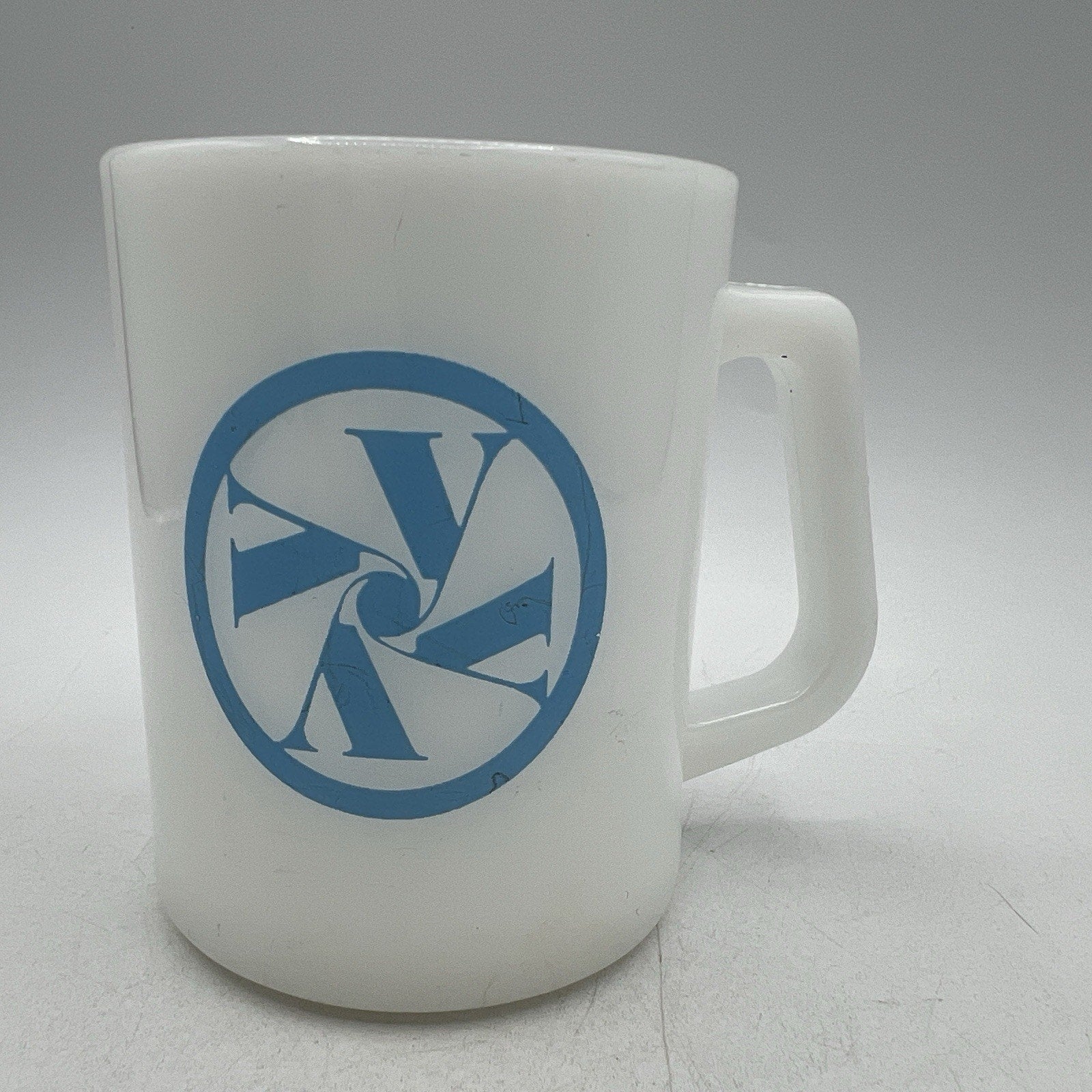 Vintage White Federal Milk Glass Blue Y Initial Monogram Mug Retro