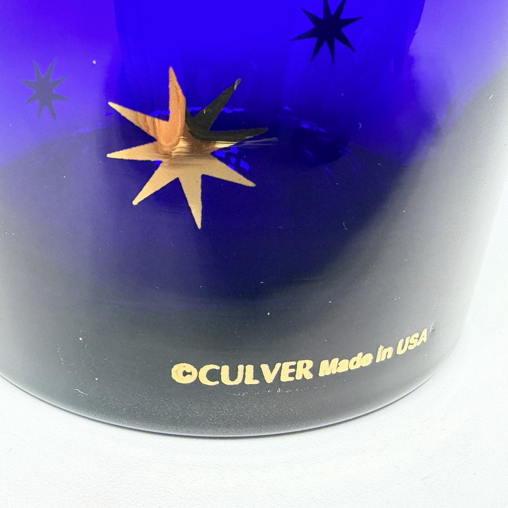 Culver Celestial Atomic Stars Tumbler Rocks Glass Cobalt Blue 22K Gold 4.25"