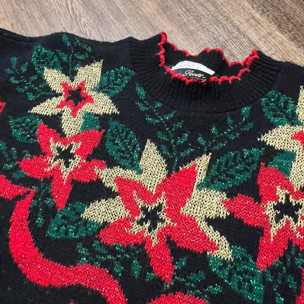 Vtg Ugly Christmas Sweater Womens Medium Black Red Poinsettia Dana Scott 80s