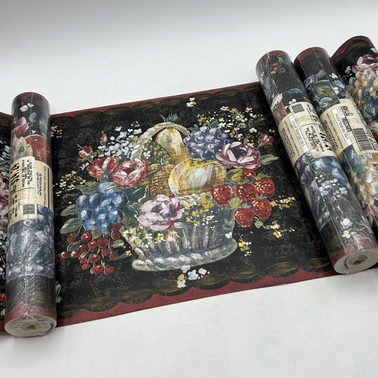 4 Roll Brewster Victorian Fruit Basket Wallpaper Border Black Red Pre-Pasted