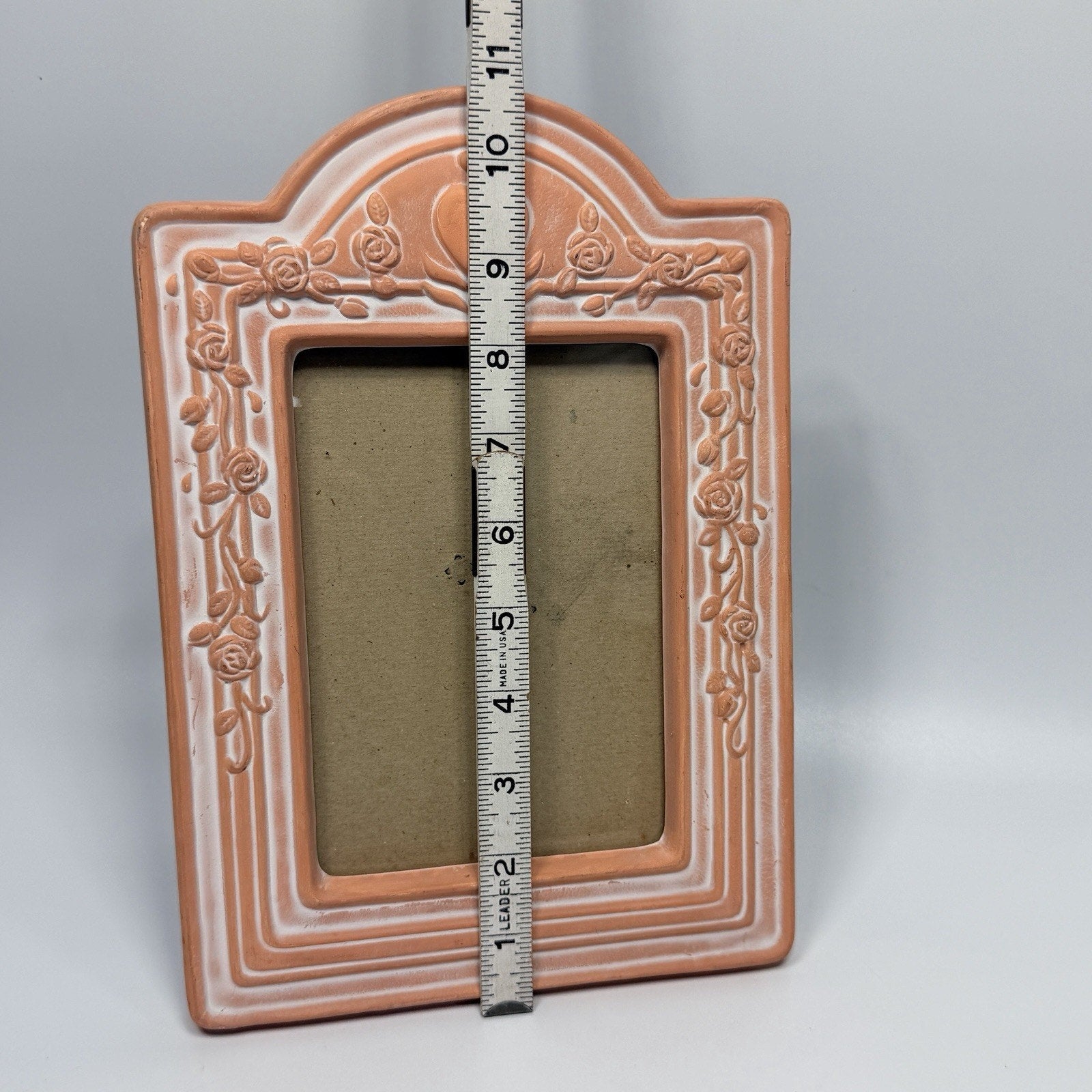 Vtg 1990s Whitewashed Terracotta Hear Rose Ceramic Picture Frame 4.25 x 6.25"