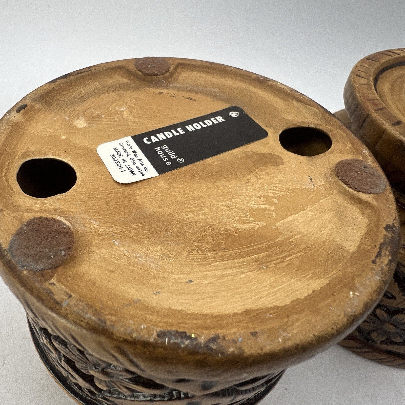 2 Vtg Mid Century MCM Ceramic Faux Carved Wood Brown Candle Holders 1970s Boho