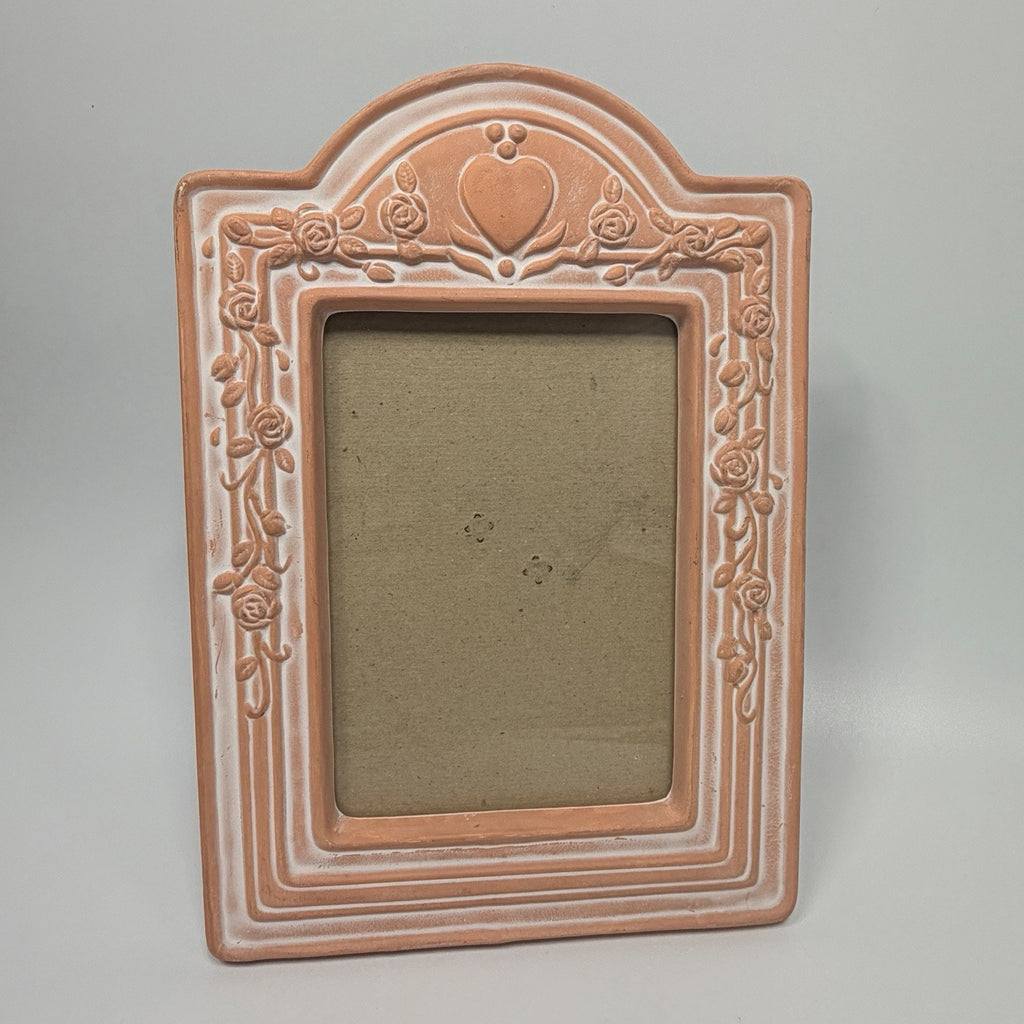 Vtg 1990s Whitewashed Terracotta Hear Rose Ceramic Picture Frame 4.25 x 6.25"