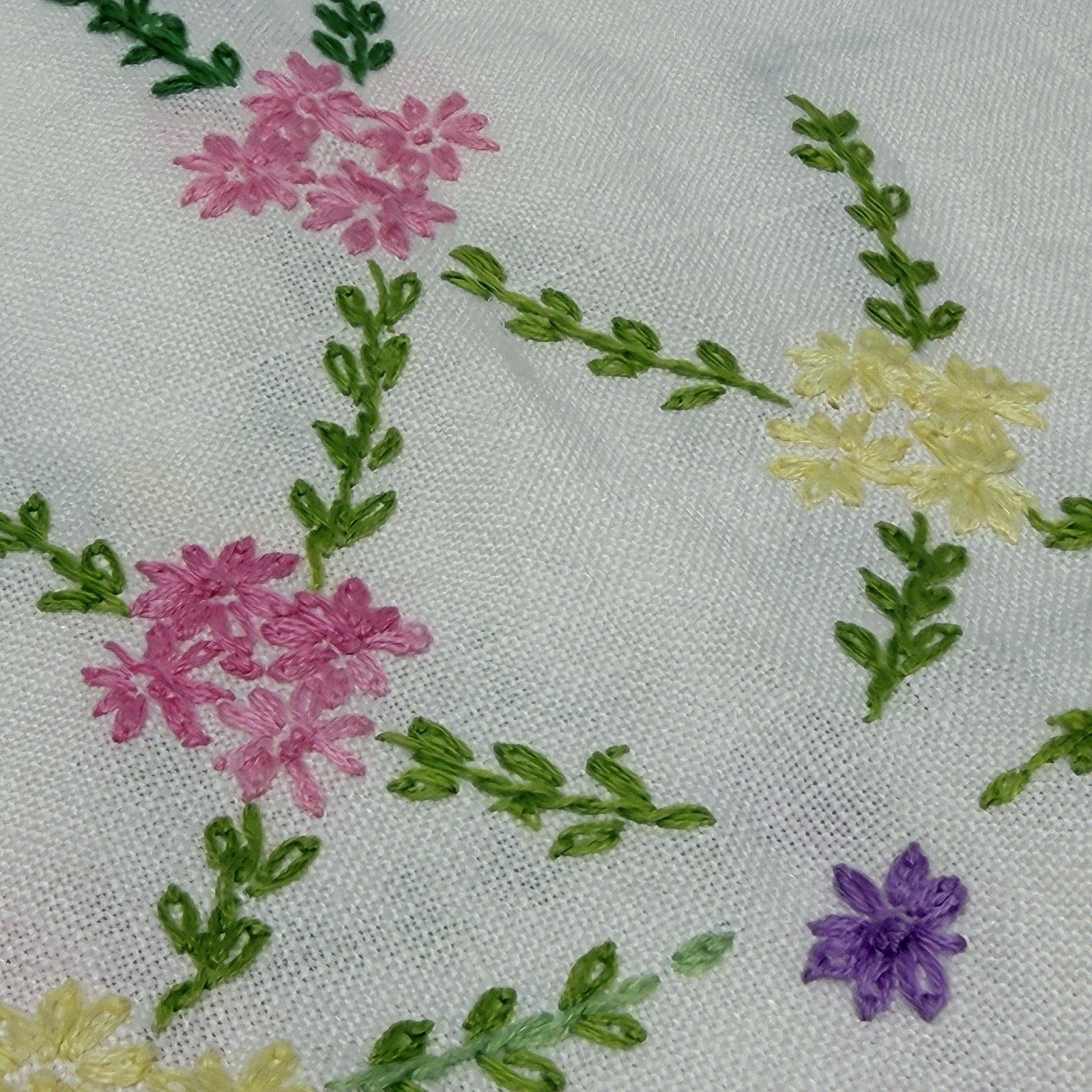 Vintage Dresser Scarf Table Runner Pink Green Embroidered Flowers Lace 14x42"
