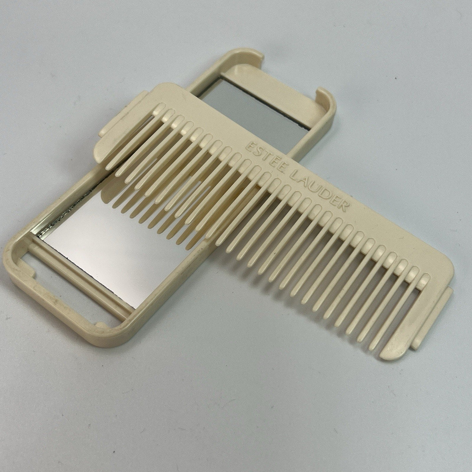 Vintage Estee Lauder Ivory White Comb & Mirror Combo Travel Set Compact 5"