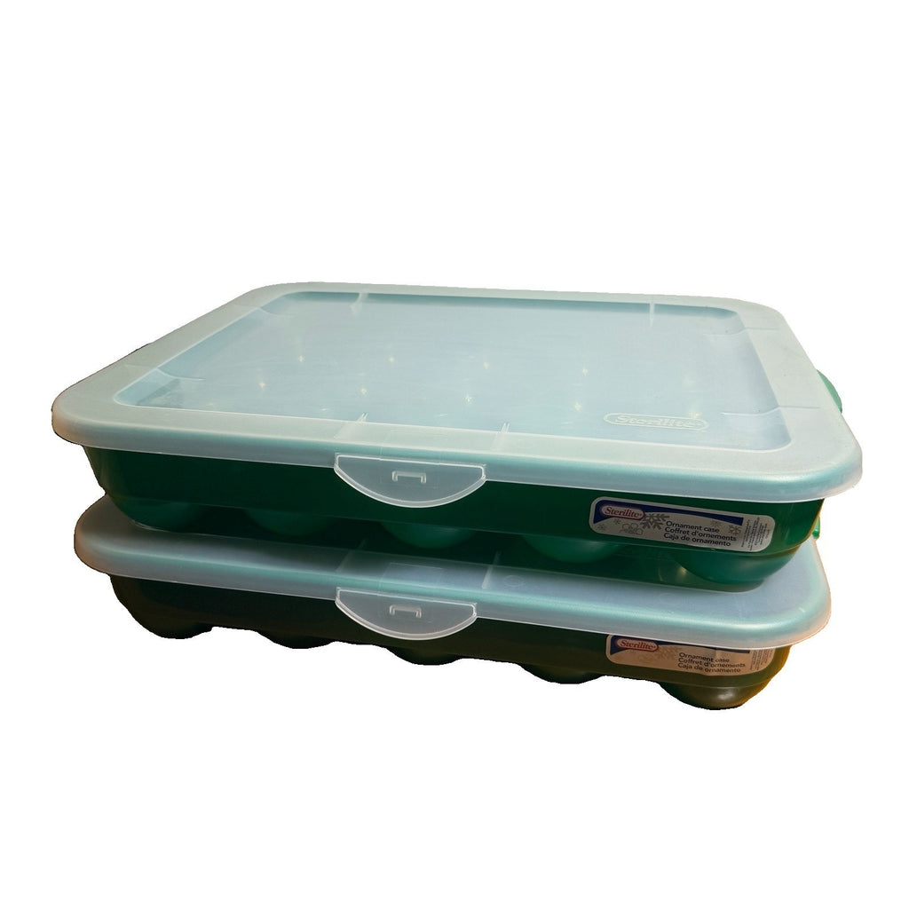 2 Green Sterilite Ornament Storage Box Case 20 Piece Hinged Lid Snap Closure 20"