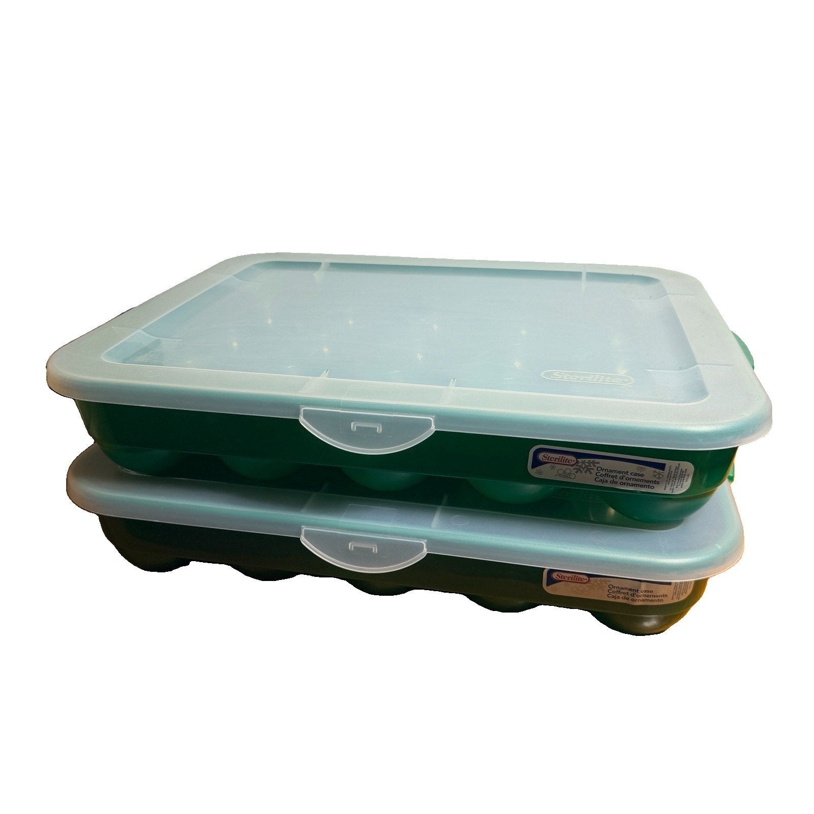 2 Green Sterilite Ornament Storage Box Case 20 Piece Hinged Lid Snap Closure 20"