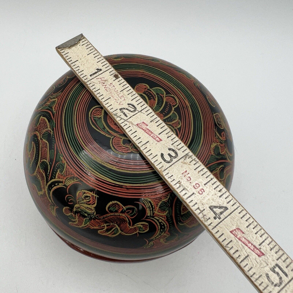 3 Vtg Round Burmese Laquer Nesting Boxes Black Red Green Firebird Hand Painted