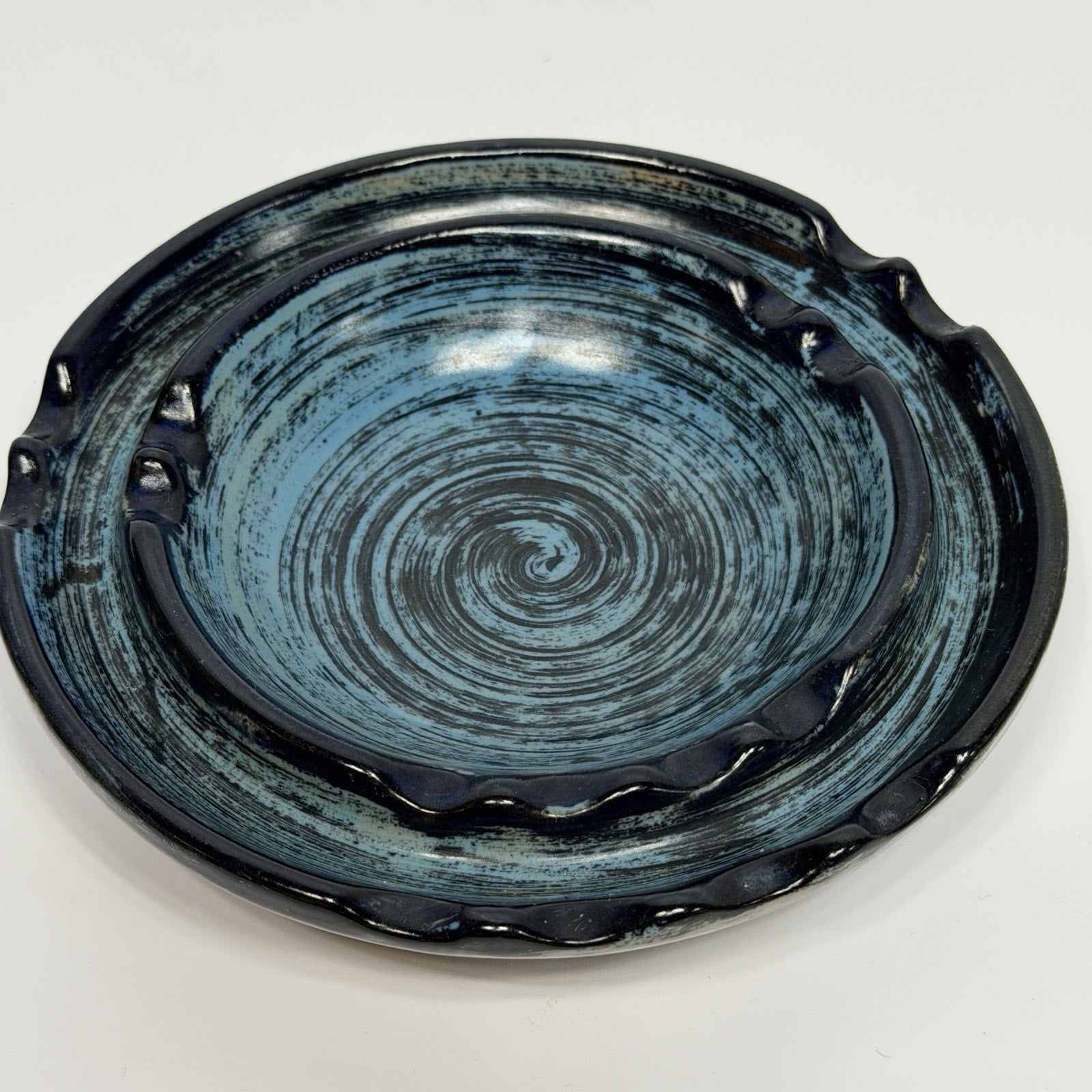 Vtg Stangl Pottery Blue Pompeii Ashtray Striped Navy Turquoise 5232 MCM 6.5" USA