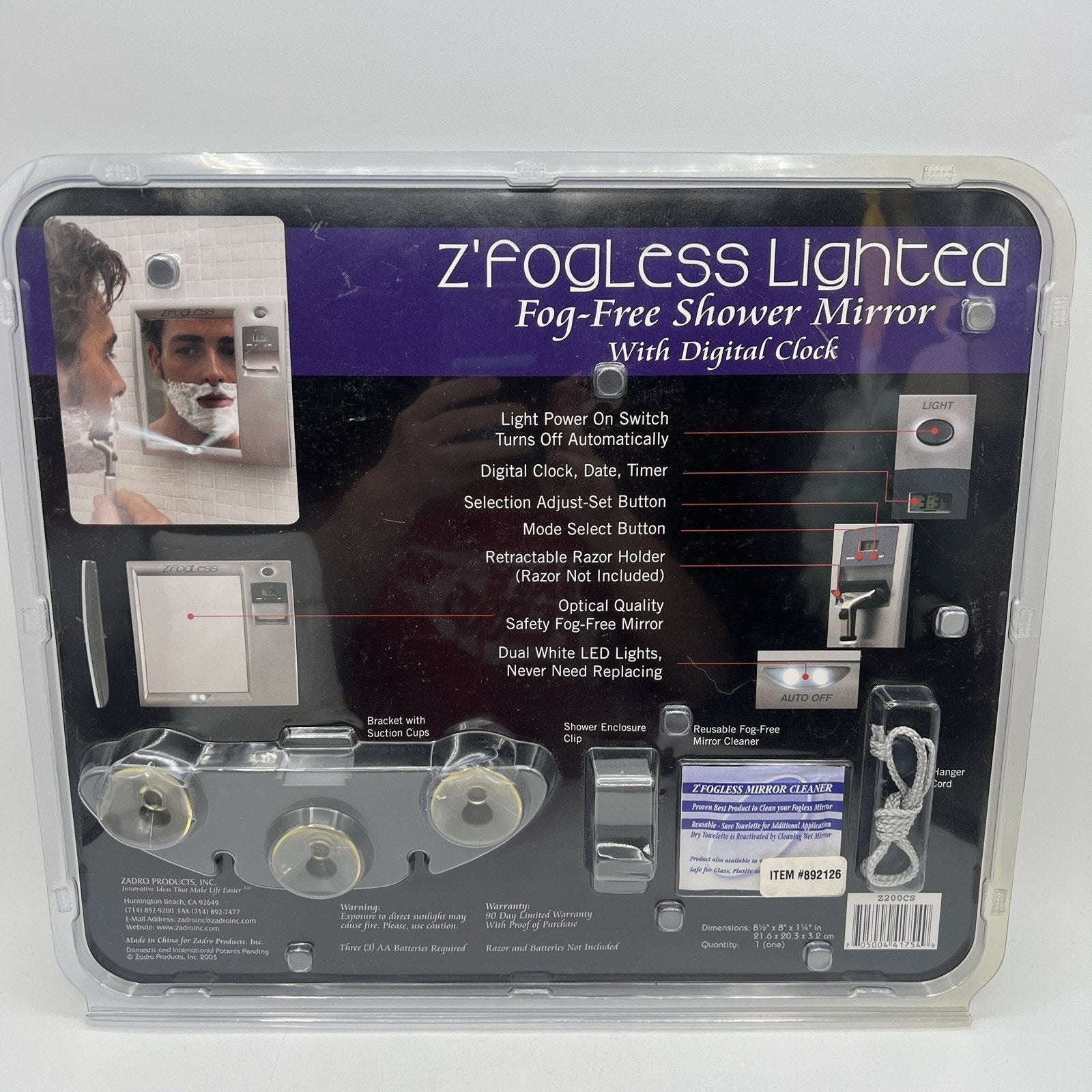 NEW Z’Fogless Fog Free Shower Mirror Lighted Clock Razor Holder Silver Gray 8x8