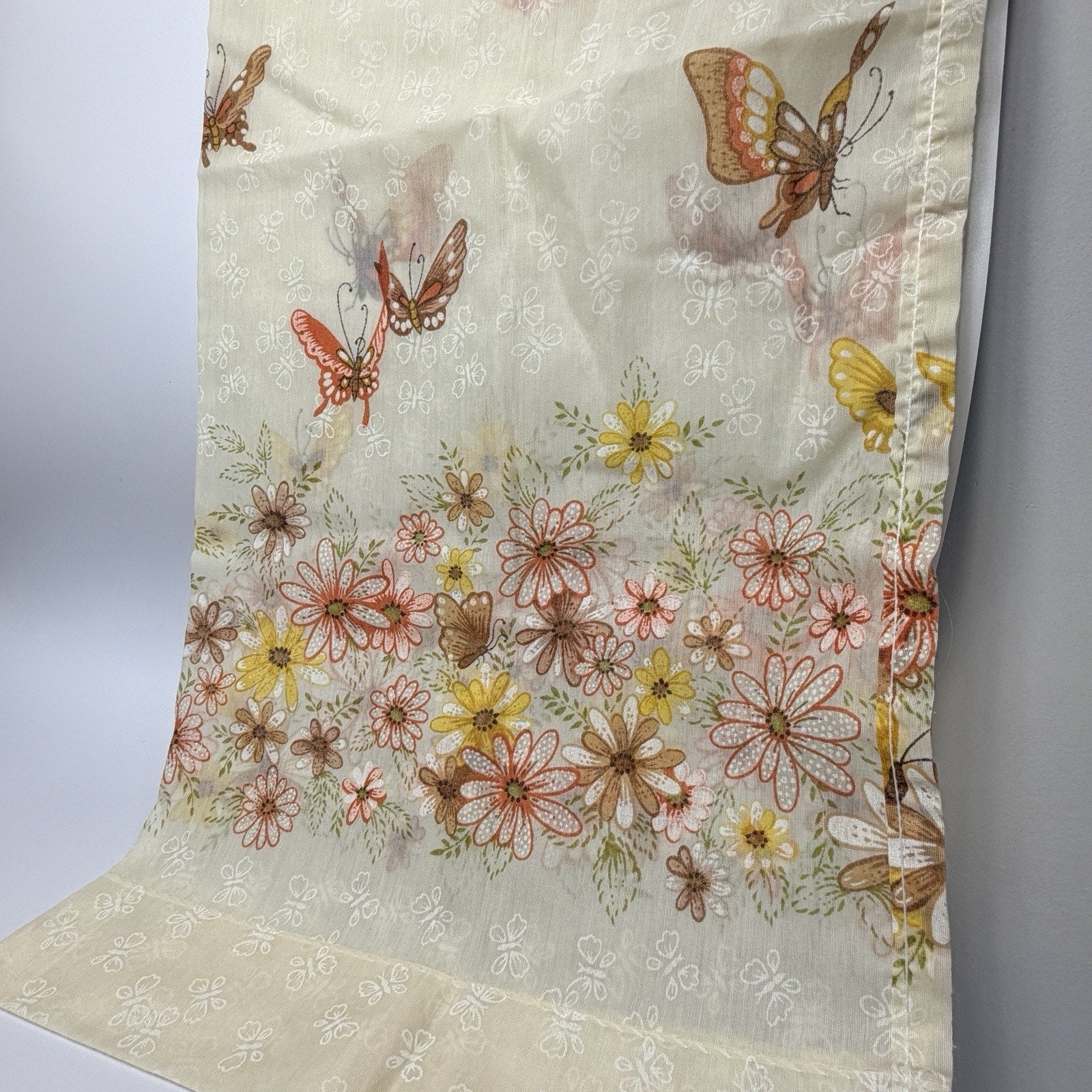 Set 2 Vtg1970s Flower Butterfly Sheer Cafe Curtains Nature Boho Brown Orange 36"