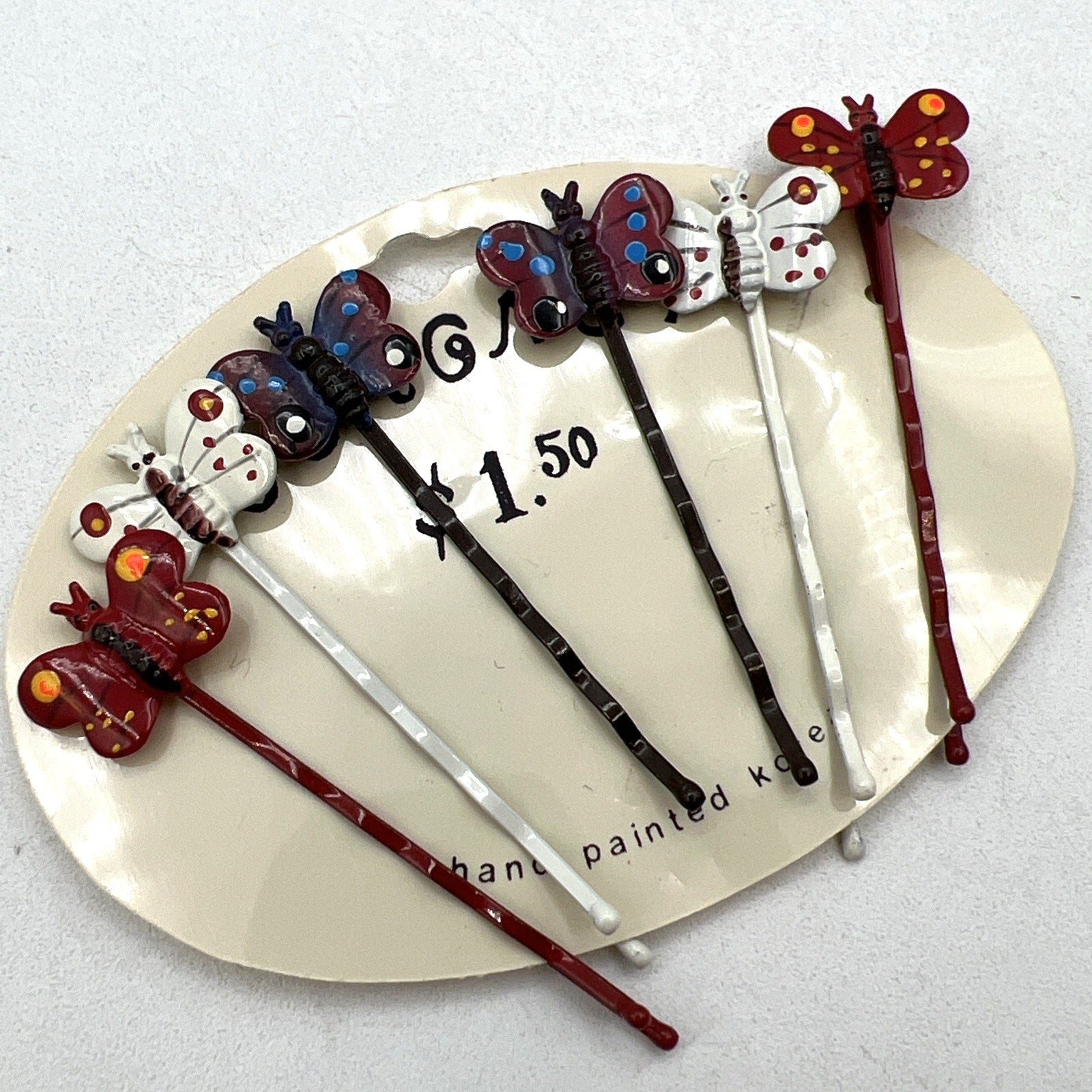 Vintage Hand Painted Metal Butterfly Bobby Hair Pins 1980s NEW Coronet Korea