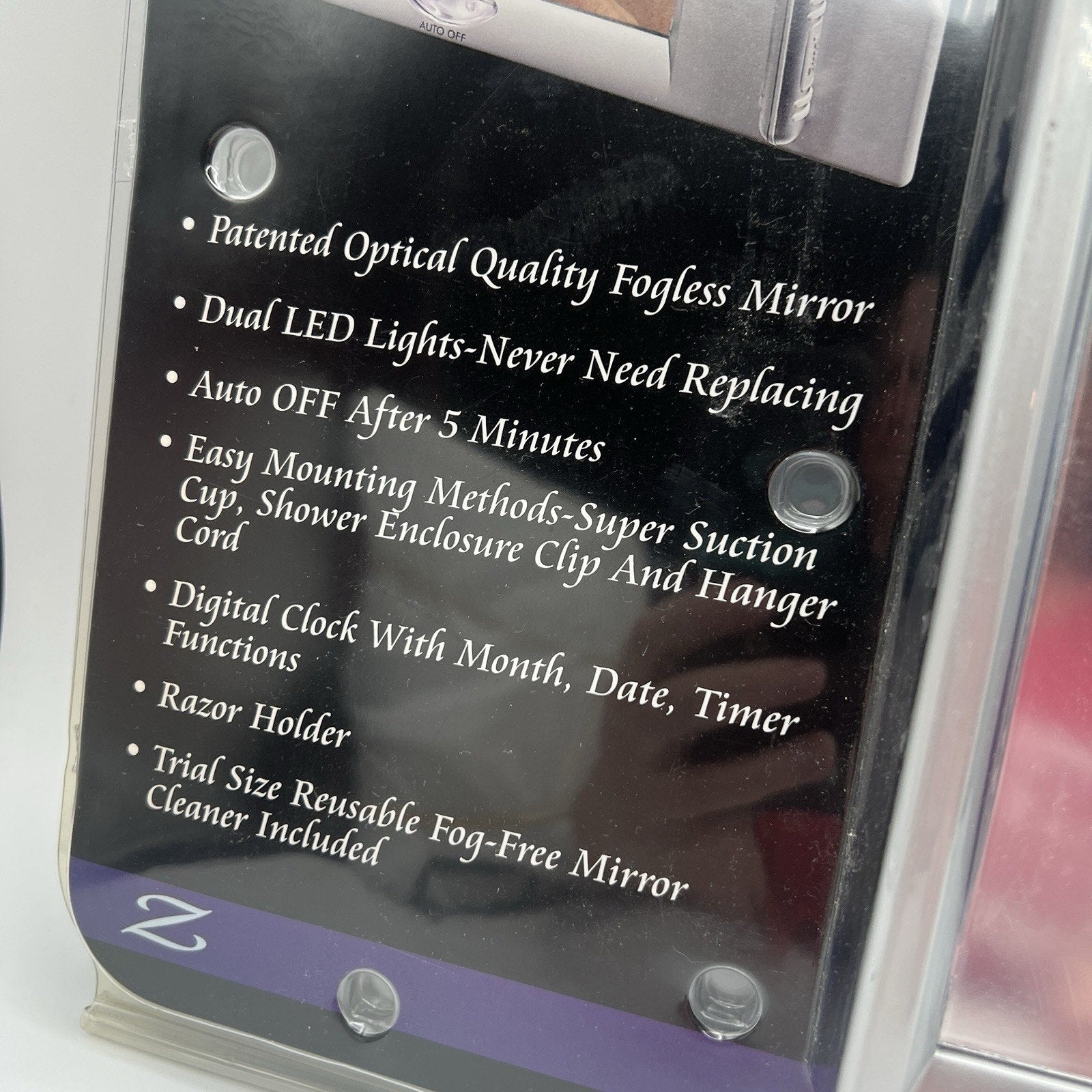 NEW Z’Fogless Fog Free Shower Mirror Lighted Clock Razor Holder Silver Gray 8x8