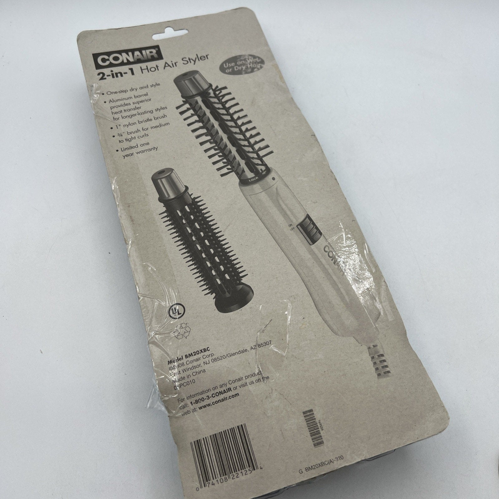 CONAIR 2-IN-1 Hot Air Styler Wet/Dry Hair 2008 2 Brushes Package Slightly OPEN