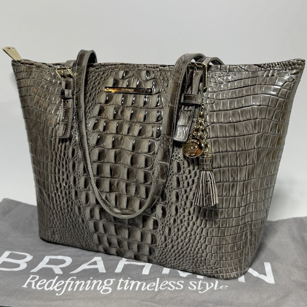 Brahmin Asher Leather Tote Purse Medium Embossed Croc Gray Falcon 15" NEW w/ tag