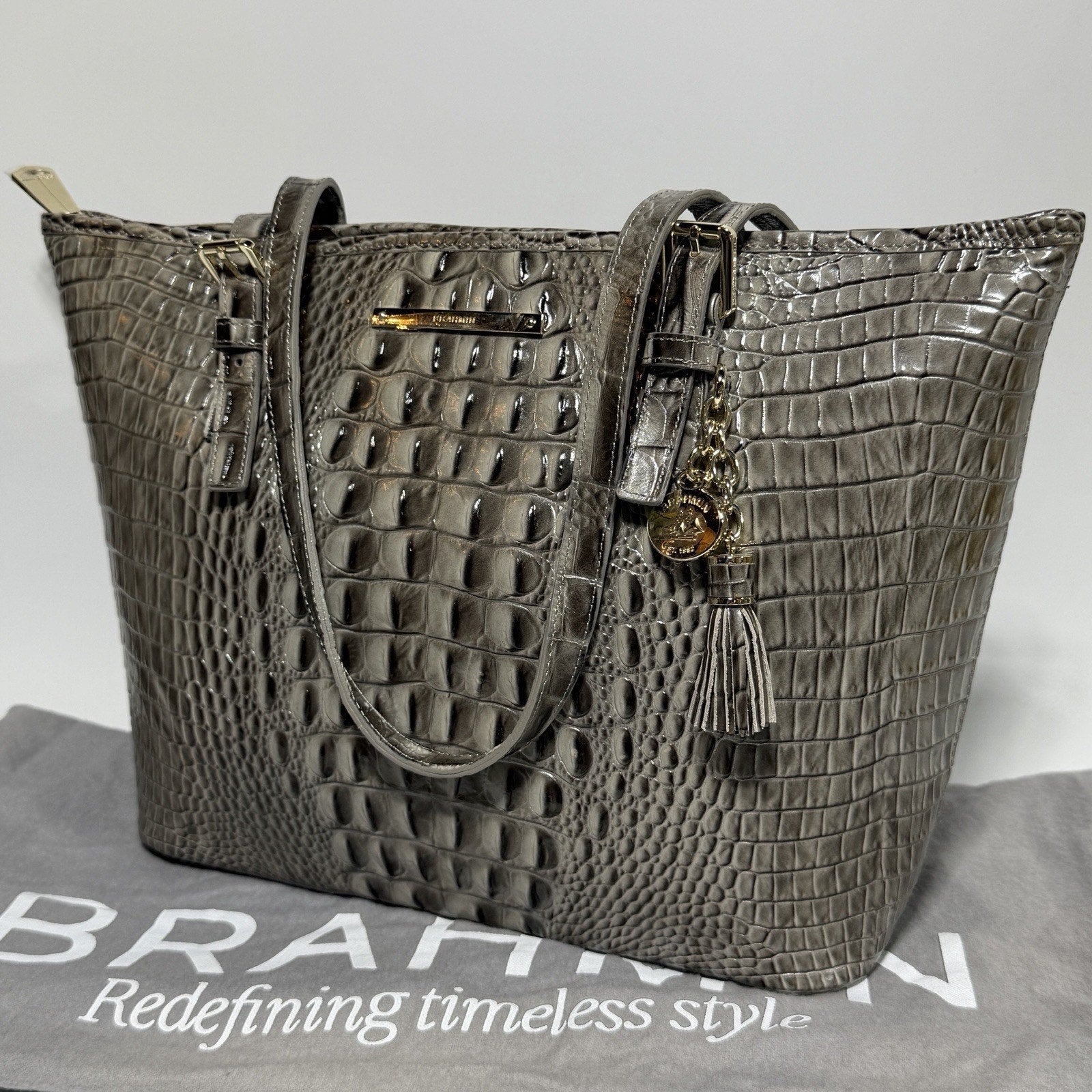 Brahmin Asher Leather Tote Purse Medium Embossed Croc Gray Falcon 15" NEW w/ tag