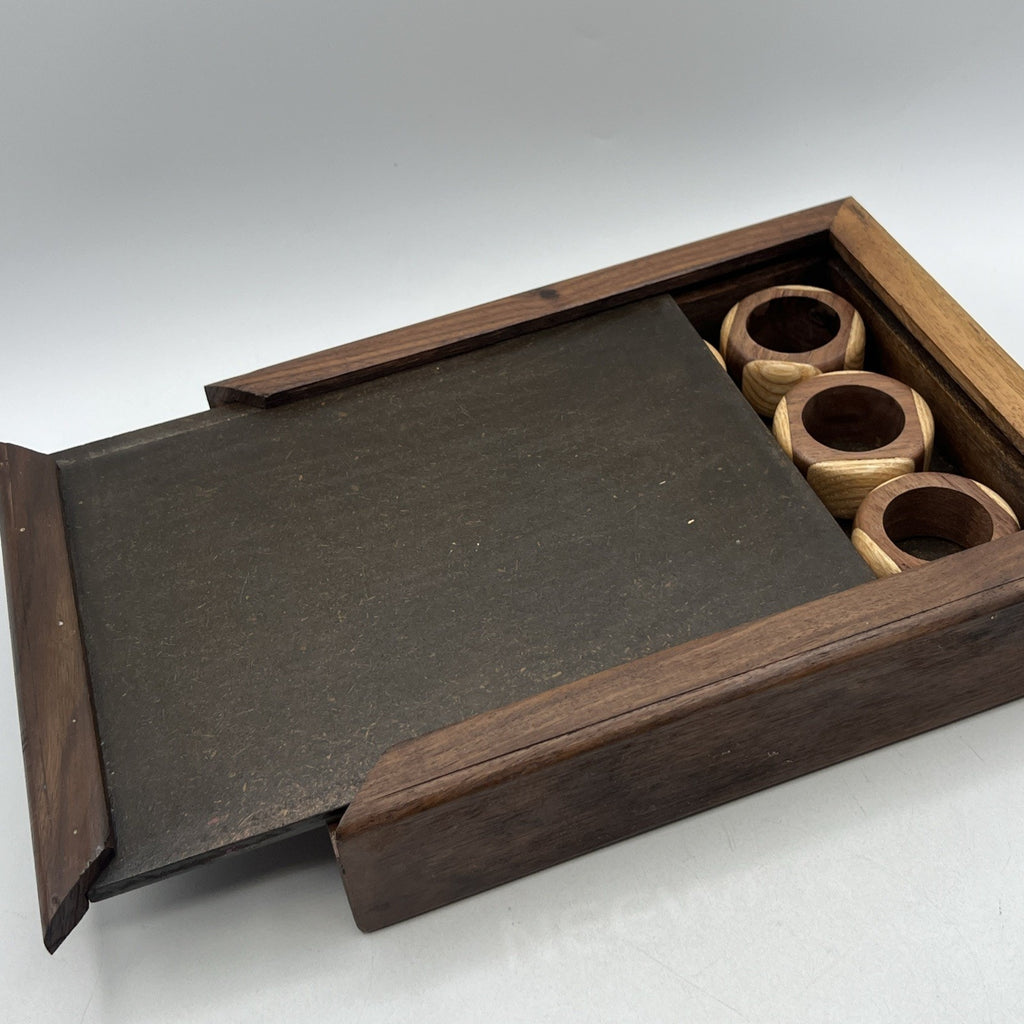Set 12 Lathe Turned Two Tone Wood Napkin Rings Teak Boho Natural Handmade w/ Box