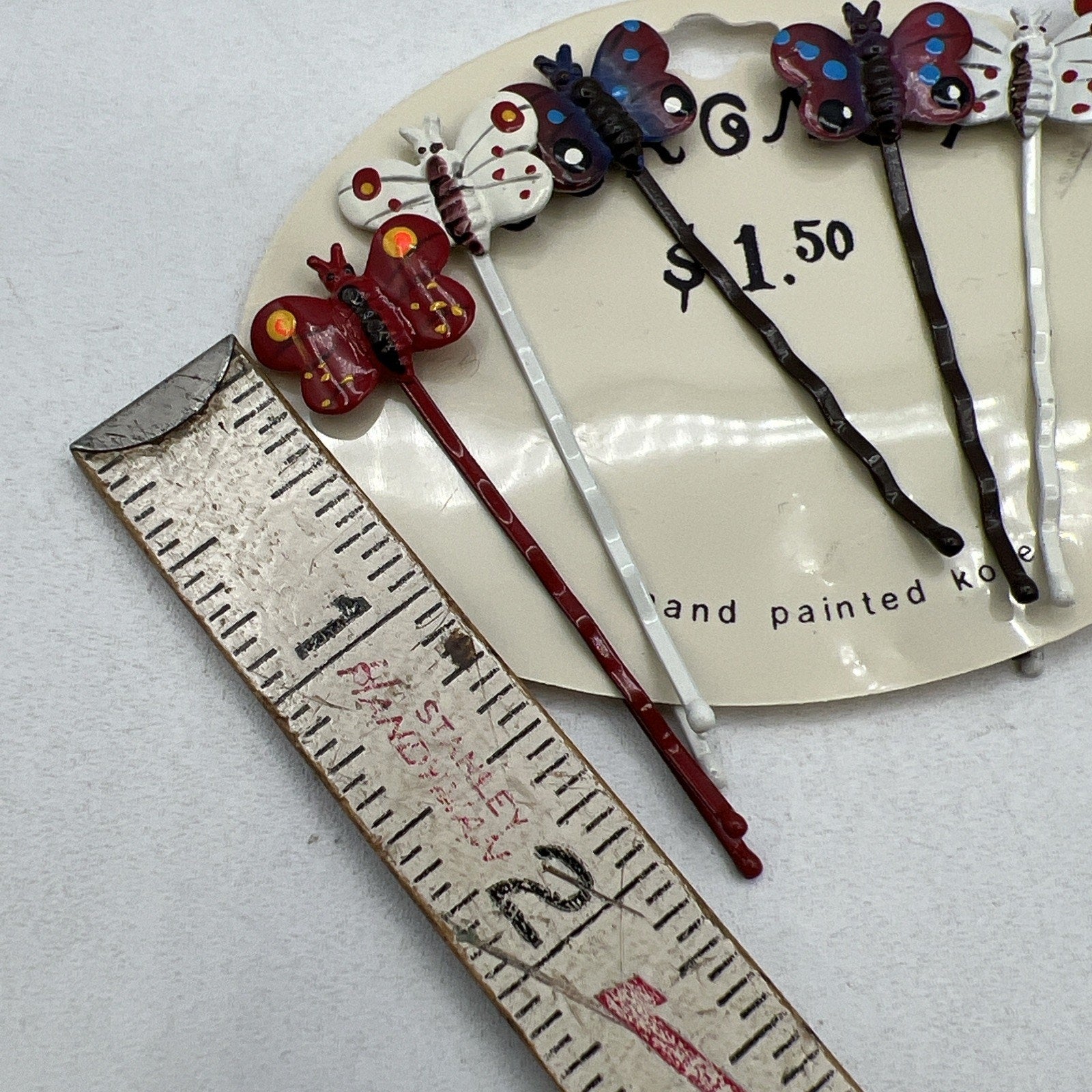 Vintage Hand Painted Metal Butterfly Bobby Hair Pins 1980s NEW Coronet Korea