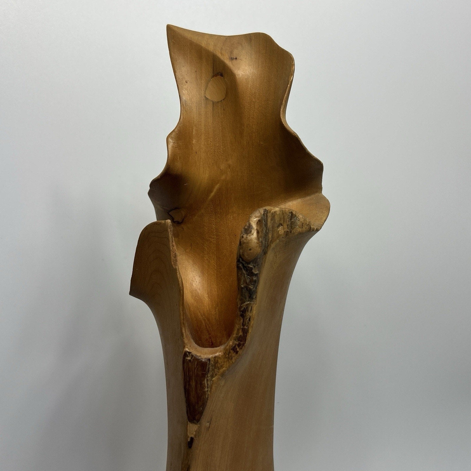 Large 1970s Hand Carved Burl Wood Live Edge Vase 18" Abstract Modern RARE