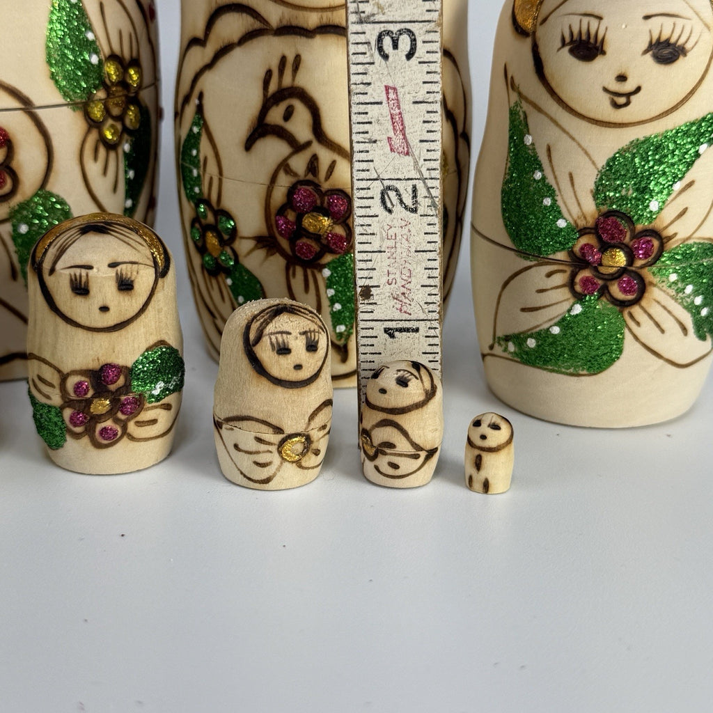 9 Pc Russian Nesting Doll Natural Wood Gold White Flowers Burned Painted 8.5"