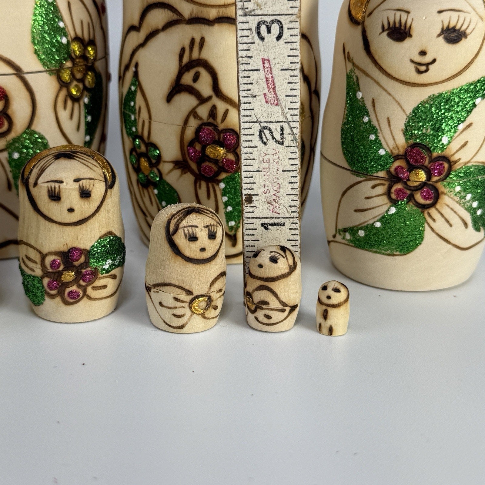 9 Pc Russian Nesting Doll Natural Wood Gold White Flowers Burned Painted 8.5"